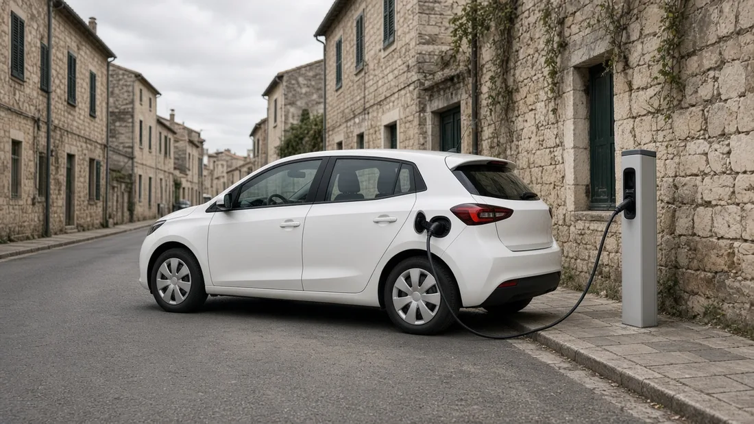 Kaldırım kenarında şarj kablosu takılı bir elektrikli otomobil ve yanında genel tasarımlı bir şarj ünitesi