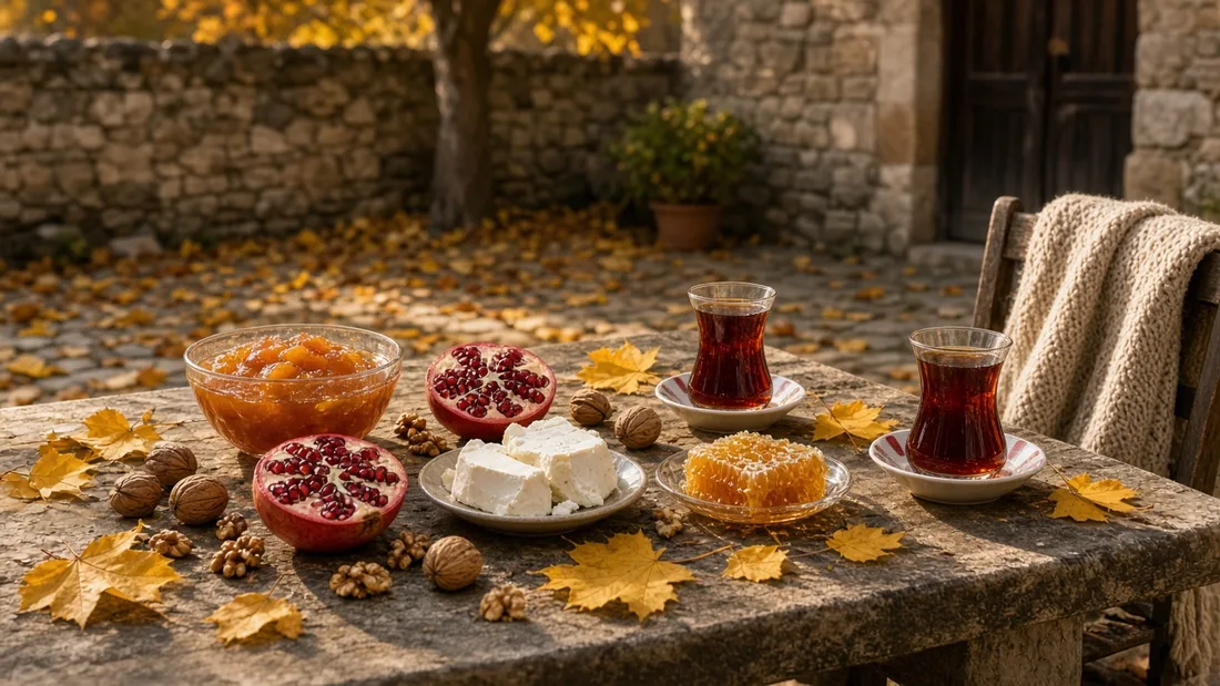 Sonbahar yapraklarıyla kaplı taş avluda ayva reçeli, nar, ceviz, petek bal ve çaylı kahvaltı