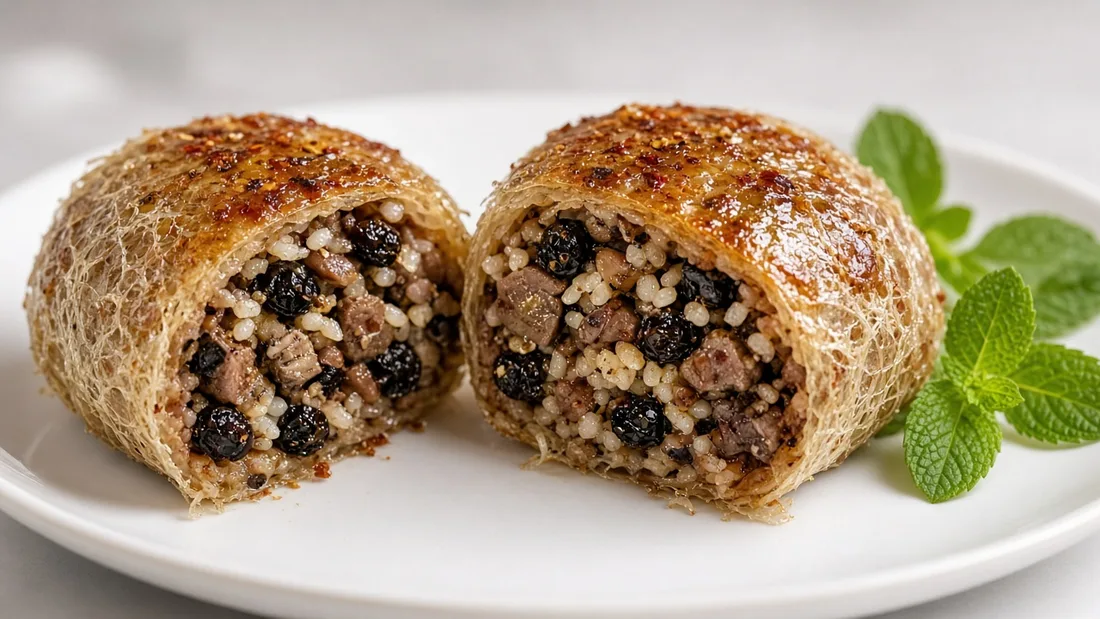 Beyaz bir servis tabağında ortadan kesilmiş tek porsiyonluk ciğer sarma, içinde pilav, ciğer parçaları ve kuş üzümleri görünüyor, yanında taze nane yaprakları
