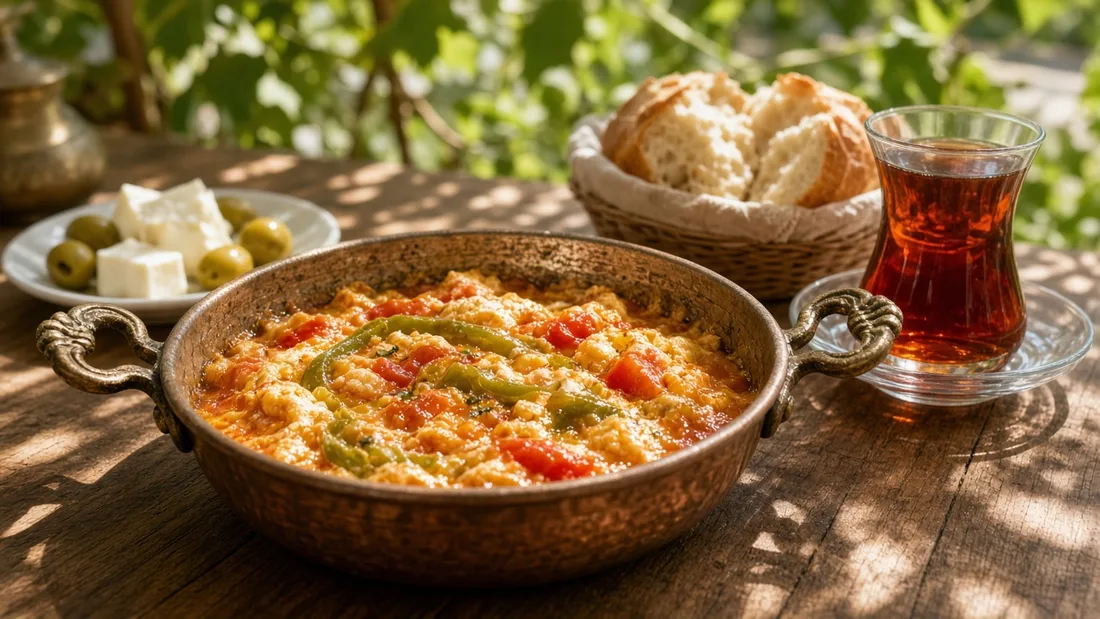 Asma gölgesindeki masada bakır sahanda menemen, taze ekmek, peynir, zeytin ve çay