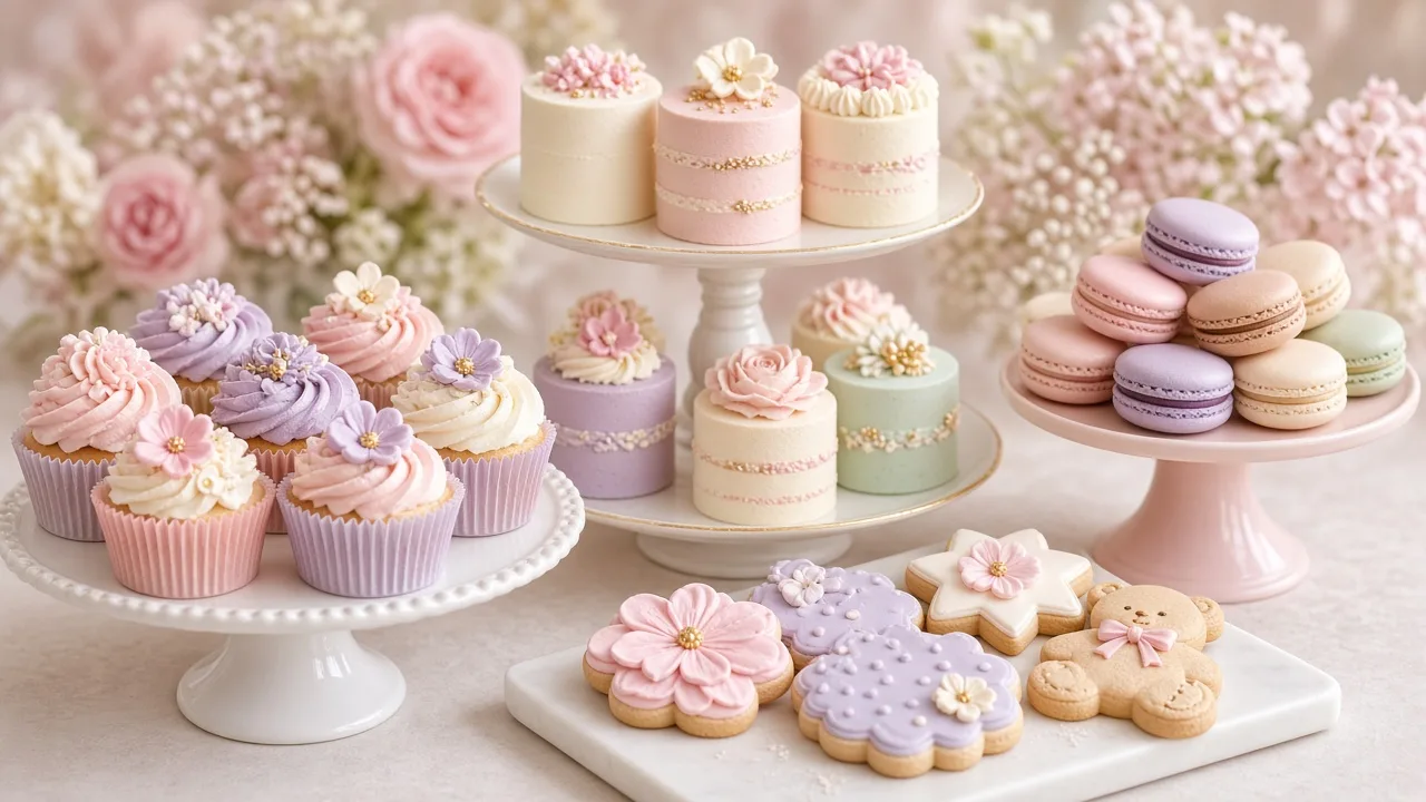 Pastel renkli cupcake, kurabiye ve mini pastalardan tatlı köşesi