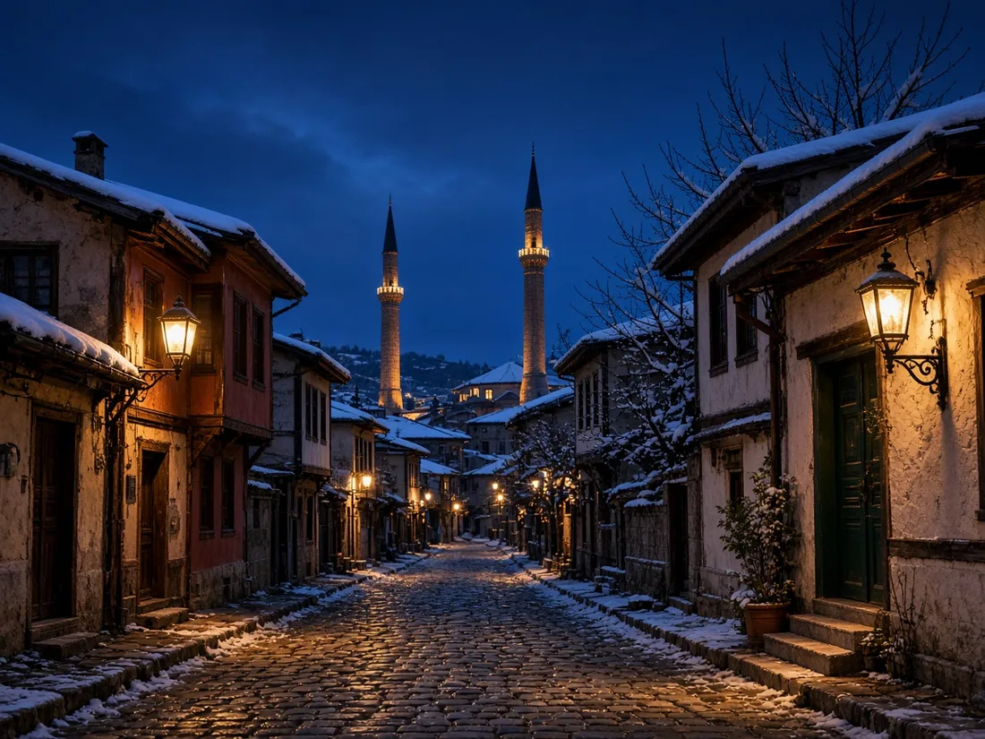 Karlı kış akşamı ışıklı taş sokak ve uzakta aydınlatılmış minareler
