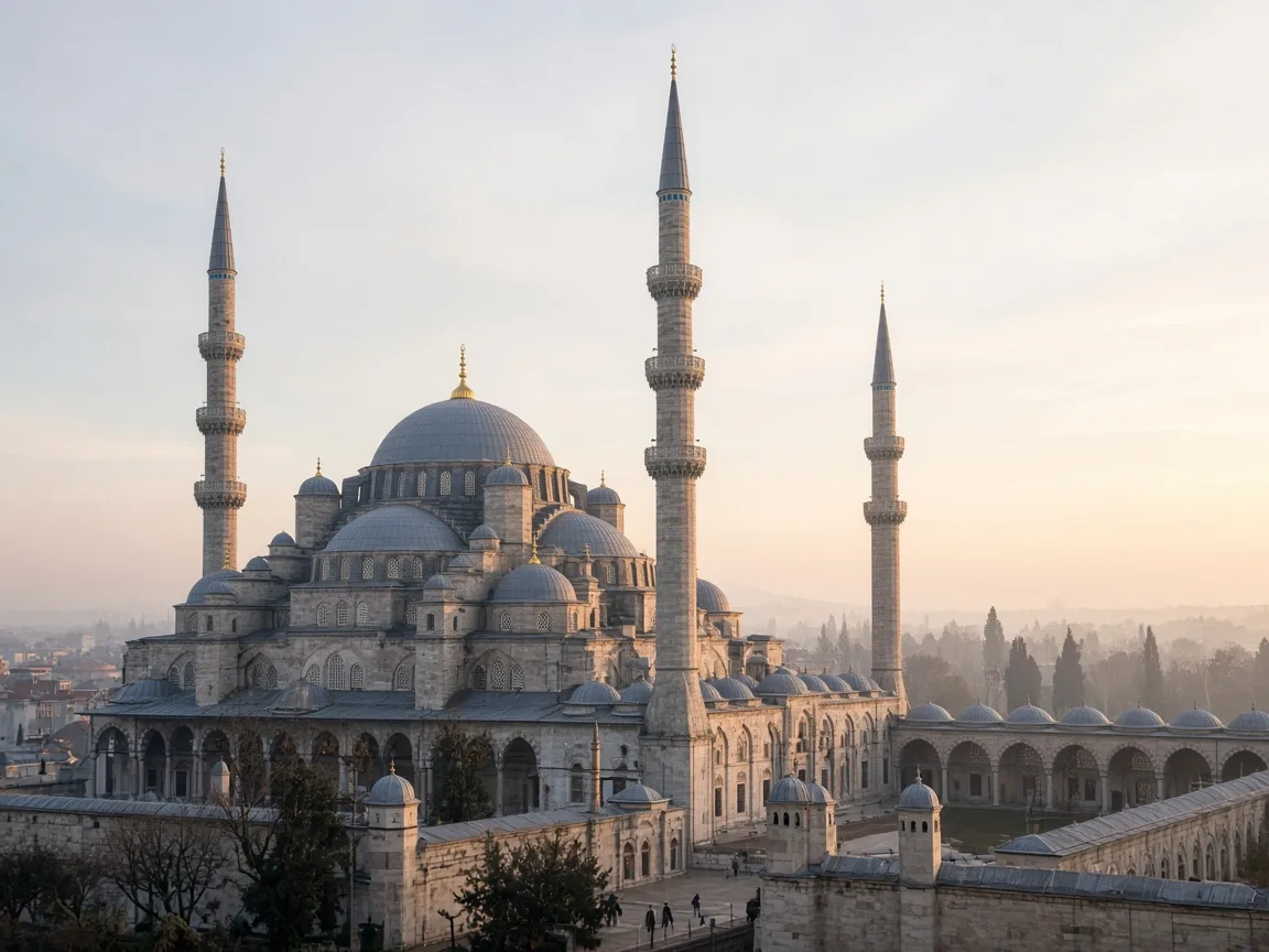 Sabah sakinliğinde büyük Osmanlı camisinin dış cephesi