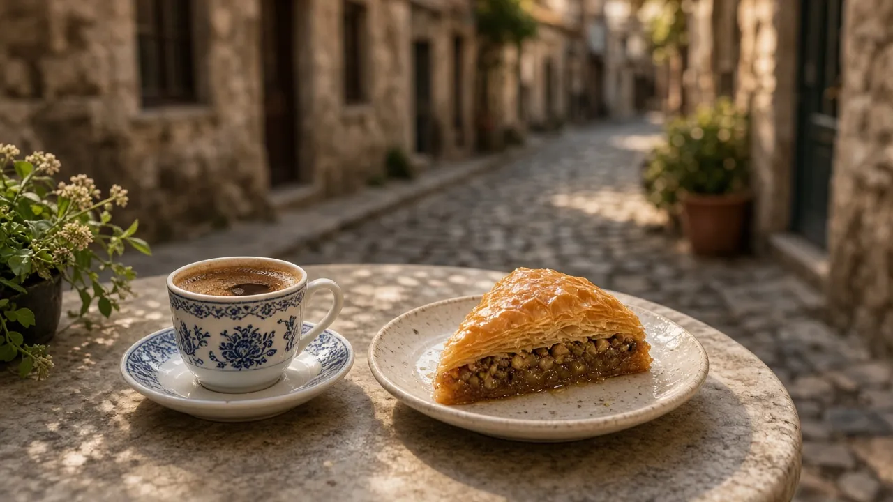 Tarihi bir sokakta bir fincan Türk kahvesi ve tatlı tabağı