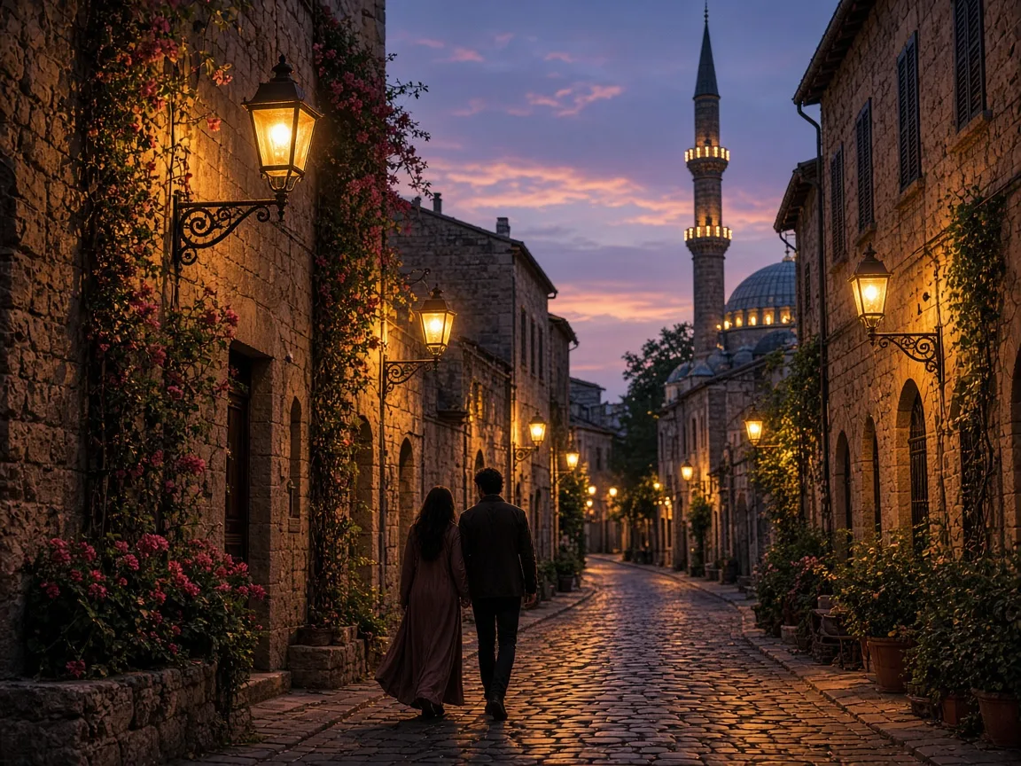 Akşam ışığında sokak lambalı tarihi taş sokak ve arkada cami minaresi