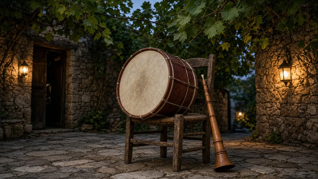 Taş bir avlunun köşesinde ahşap bir sandalyenin üzerine bırakılmış bir davul ve yanına dayanmış bir zurna, arkada asma yaprakları ve akşam ışığında yanan küçük fenerler