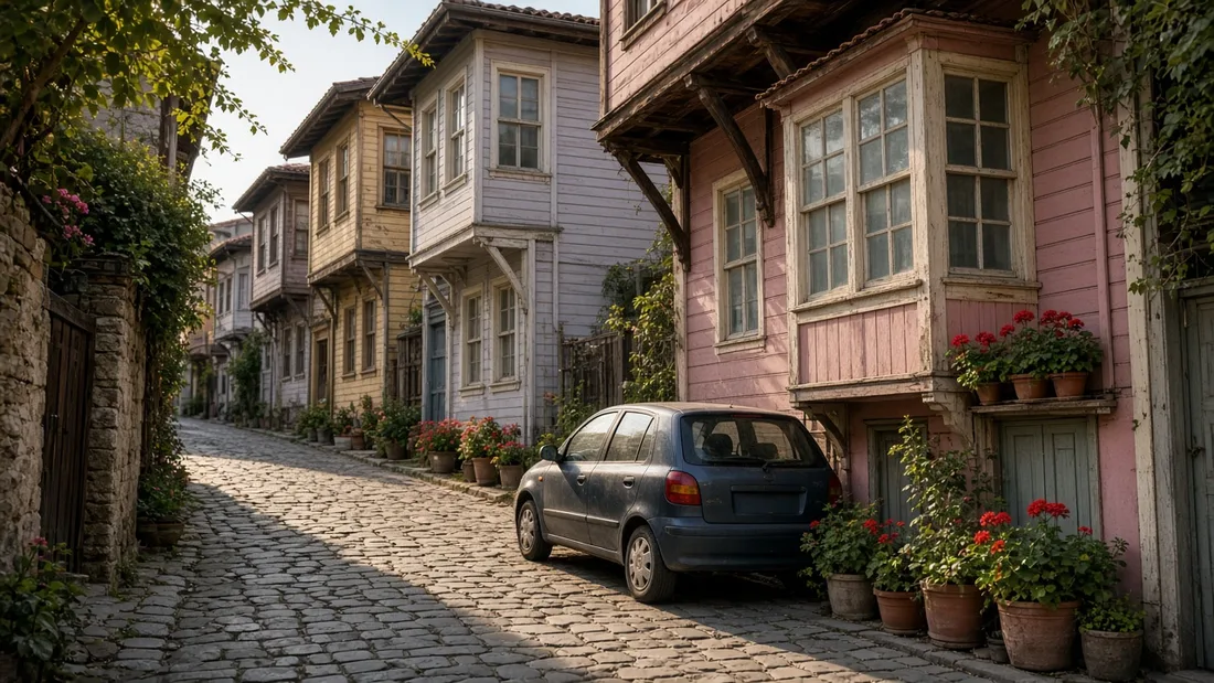 Taş döşeli dar sokakta cumbalı ahşap evler ve kenarda park etmiş küçük bir otomobil