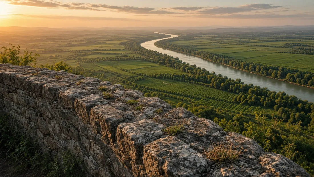 Akşam ışığında bir tepenin taş avlu duvarından görünen geniş yeşil ova, uzakta ağaç sıraları ve kıvrılan bir nehir, ön planda eski taş korkuluk