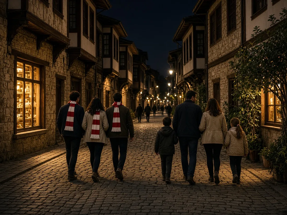 Gece taş döşeli caddede maç sonrası kaşkollarıyla yürüyen aileler ve arkadaşlar