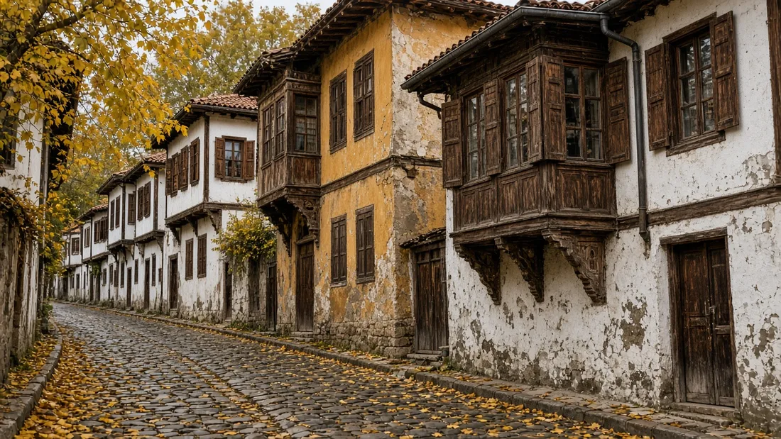 Taş döşeli dar bir sokakta yan yana dizilmiş cumbalı ahşap evler ve kaldırıma düşmüş sarı sonbahar yaprakları