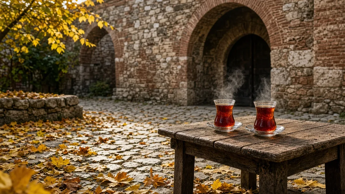 Taş döşeli tarihi bir avluda sonbahar yapraklarıyla kaplı zemin, ahşap masa üzerinde buharı tüten iki fincan çay ve arkada kemerli bir duvar