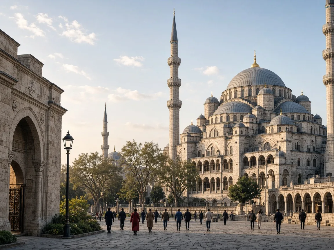 Edirne'de meydandan görülen büyük kubbeli Osmanlı camisi ve sabah ışığı