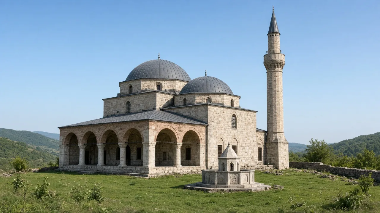 Tepede yükselen kesme taş gövdeli, kurşun kubbeli ve tek minareli erken Osmanlı camisi, önünde ahşap sütunlu şadırvan ve yeşil avlu, arkada açık gökyüzü
