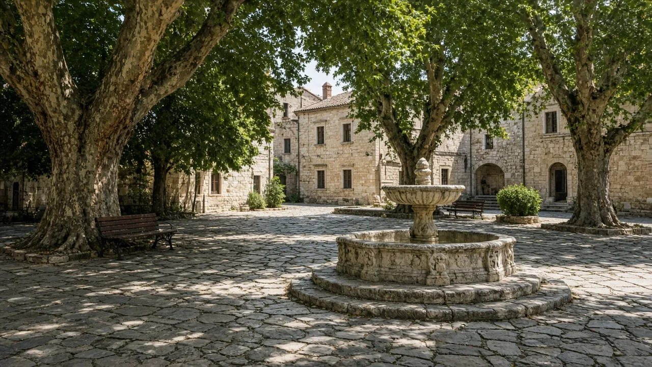 Taş döşeli bir meydanda eski bir çeşme ve etrafında çınar ağaçları, öğle ışığı