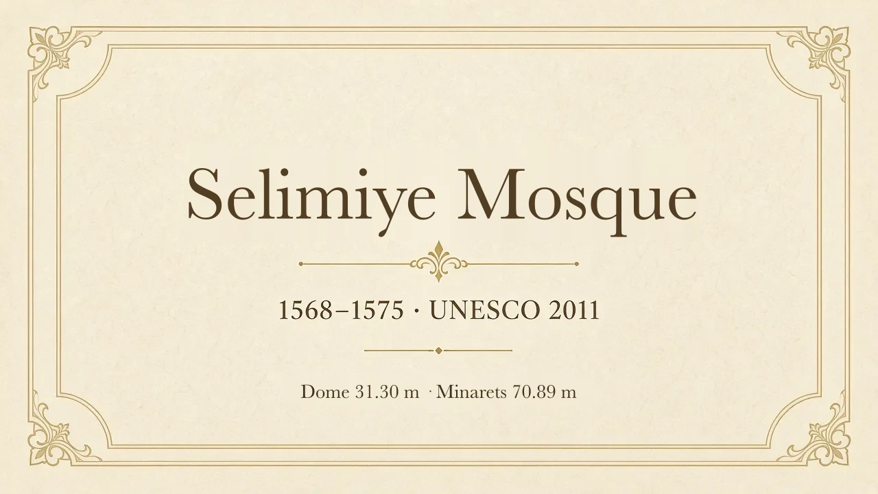 Selimiye Mosque 1568–1575, UNESCO 2011. Dome 31.30 m. Source: Kültür Portalı and Edirne Governorship