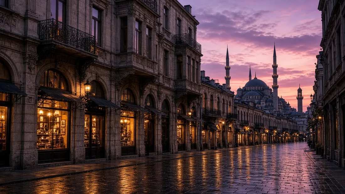 Akşamüstü vitrin ışıklarının yandığı tarihi cepheli bir yaya caddesi, uzakta görünen cami minareleri ve pembe gökyüzü