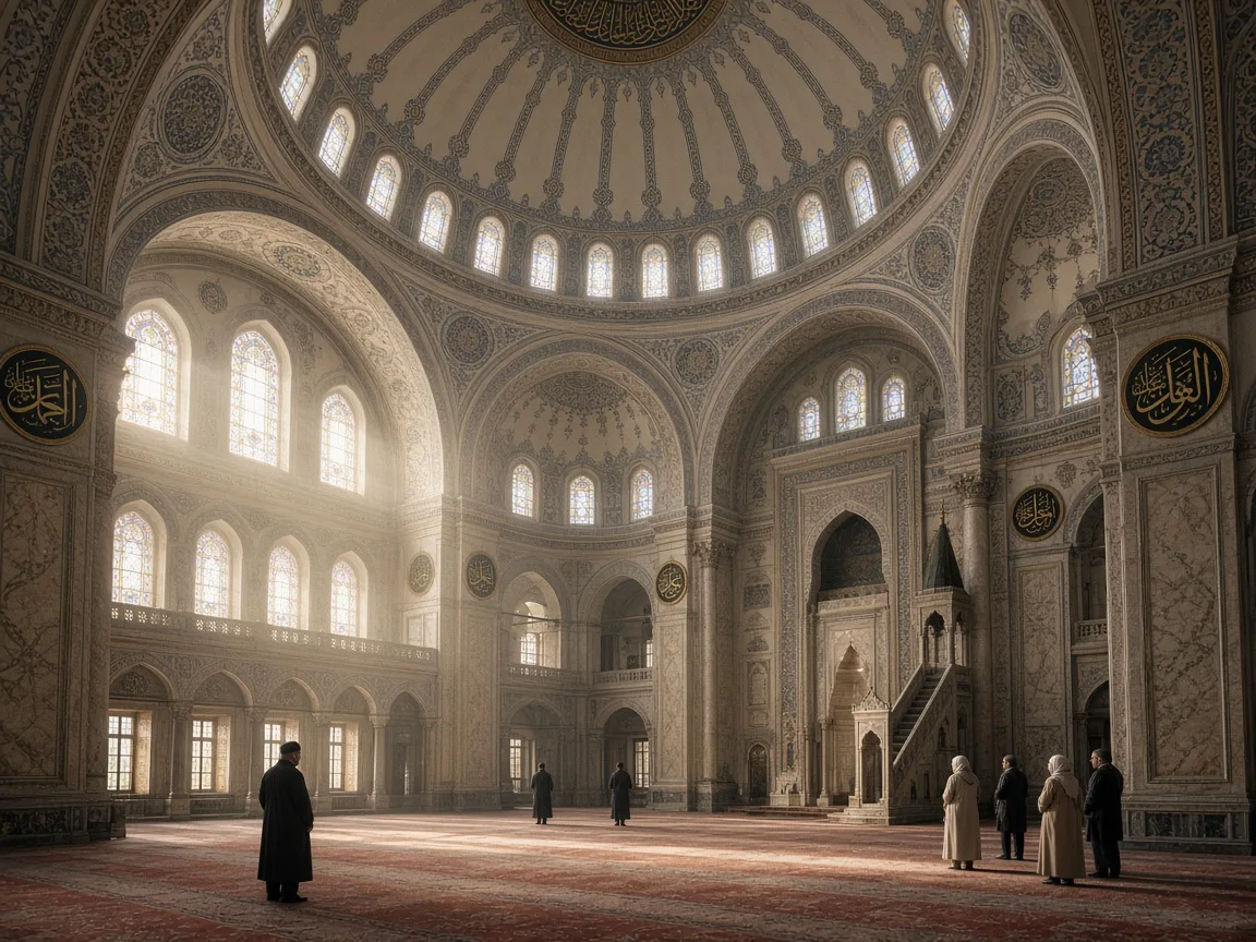Sabah ışığında büyük Osmanlı camisinin geniş iç mekânı