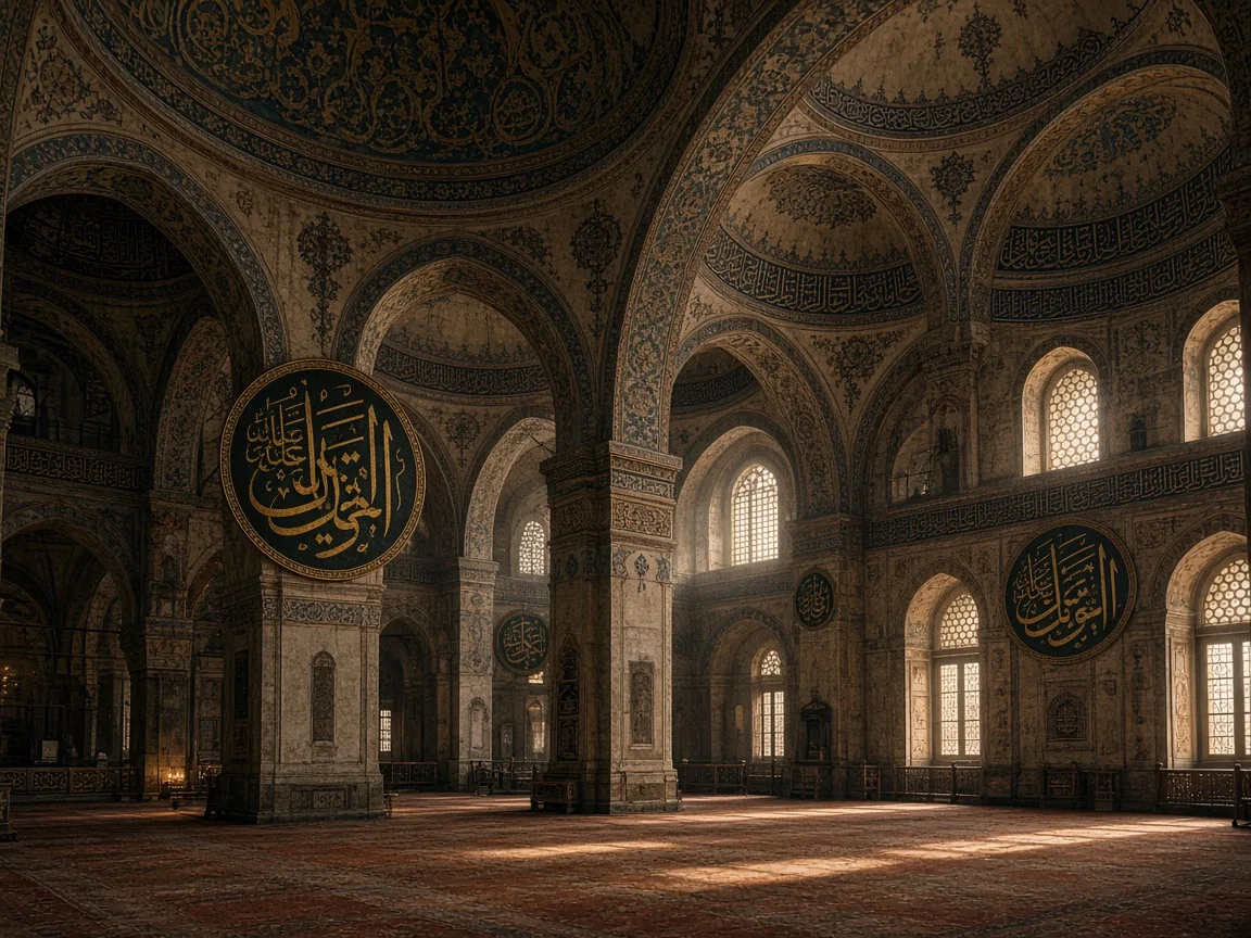 Çok kubbeli caminin büyük hat yazılarıyla süslü iç mekânı