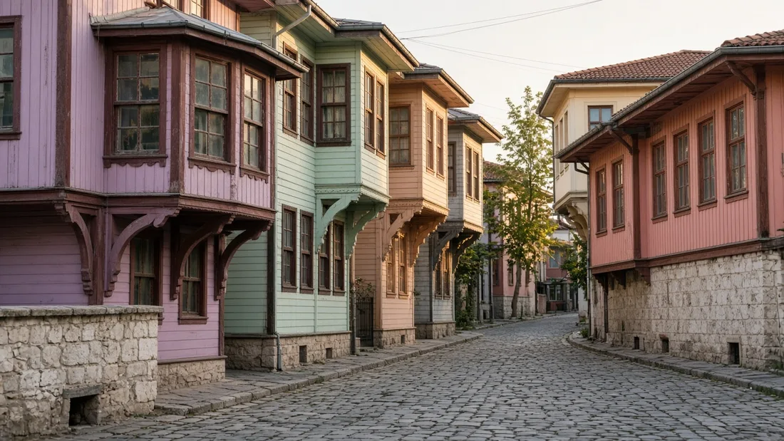 Taş döşeli bir sokakta sıralanmış eski ahşap evlerin cumbaları, sabah ışığı