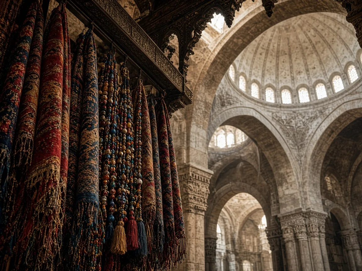 Kubbeli tarihi çarşıda taş kemerler ve renkli asılı ürünlerin dokusu