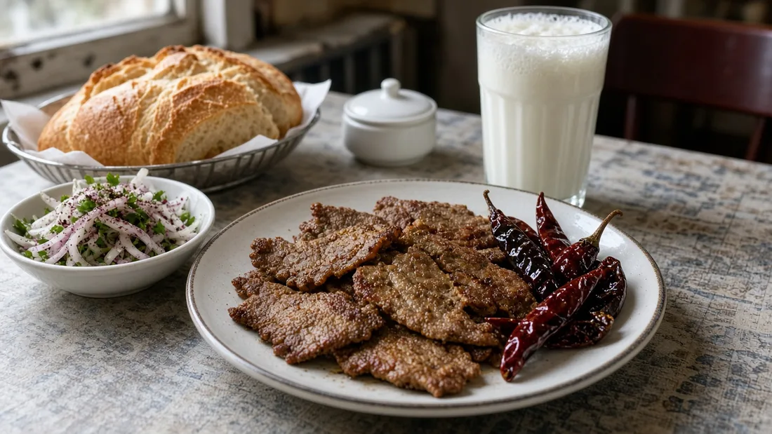 Sade bir öğle sofrasında tava ciğeri, kızartılmış kuru biber, soğan salatası, ekmek ve ayran