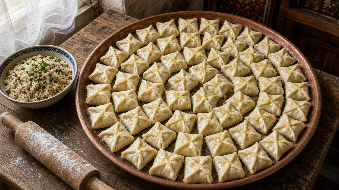 Bakır bir sininin içine sıkı sıkı dizilmiş, dört köşesi ortada birleştirilerek kapatılmış çiğ mantı bohçaları, yanda pirinç harcı dolu bir kâse ve unlu oklava